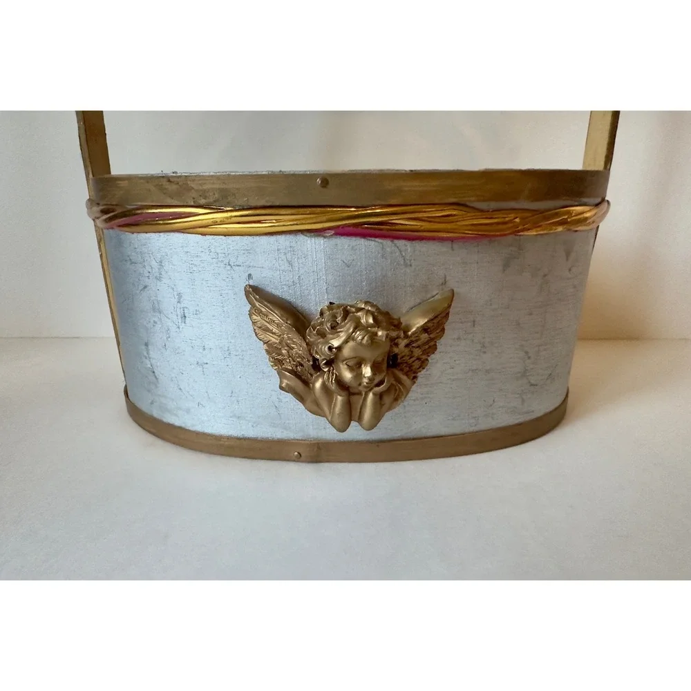 Vintage Silver Wood Basket Gold Cherub Angel Relief Christmas Decor Victorian